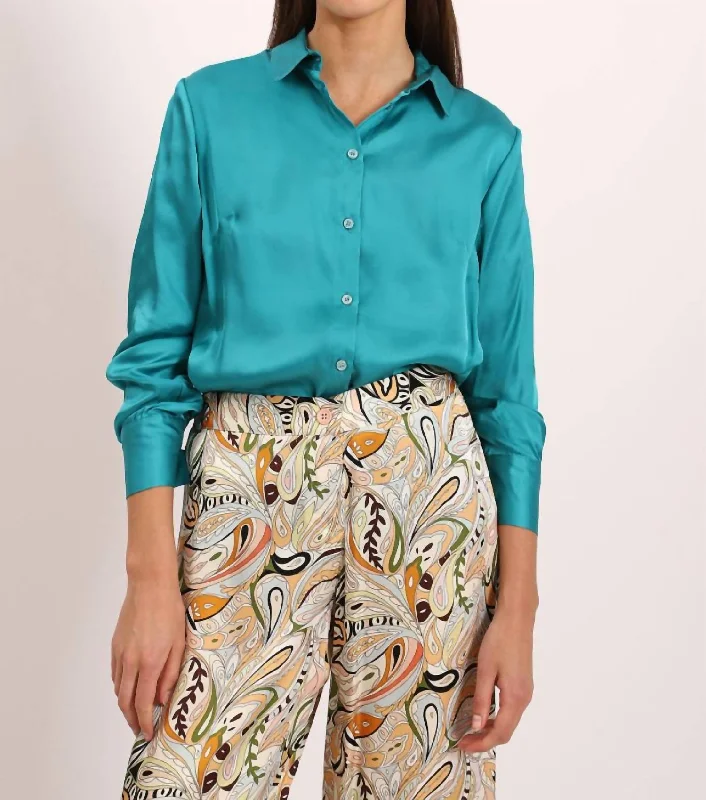 Casual Dresses for Women Trendy Street Style Attire Maximillion Satin Button Down Shirt In Teal