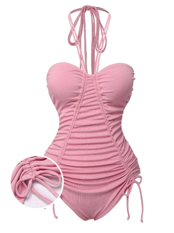 Bold Prints Casual Chic Summer Splash Sale Pink 1950s Halter Pleated Solid One-Piece Swimsuit