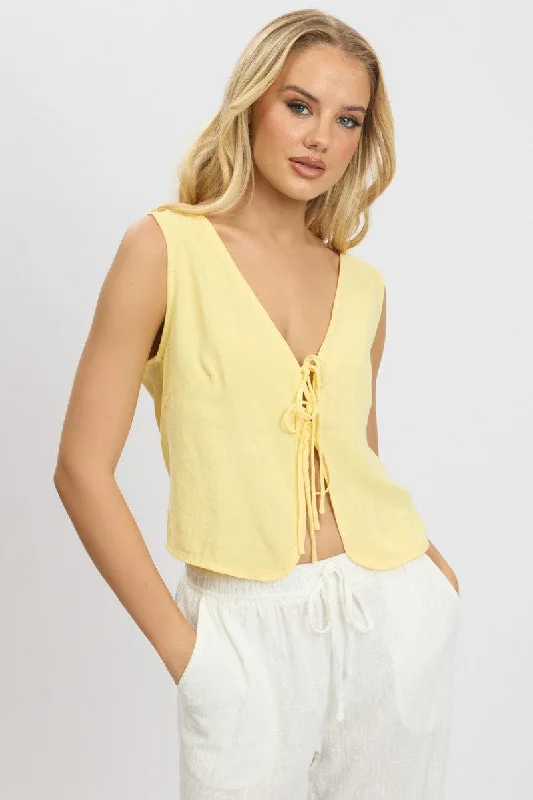 Women's Professional Garments Hot Trends Yellow Tie Up Top Linen