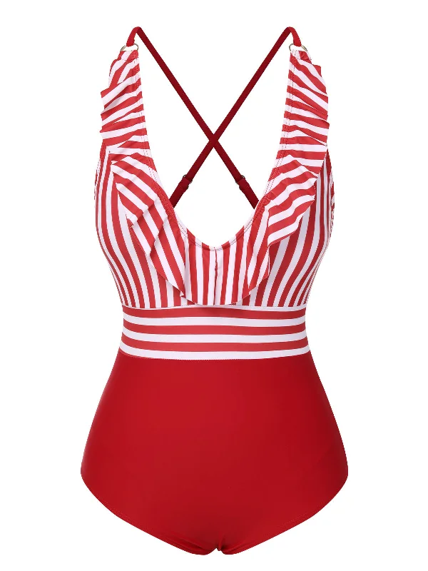 Women's Holiday Attire Hot Styles 1950s Color Contrast Striped Ruffle Swimsuit