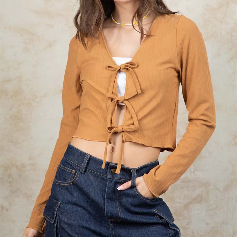 Women's Casual Dresses Comfortable Chic Tie Front Long Sleeve Crop Top