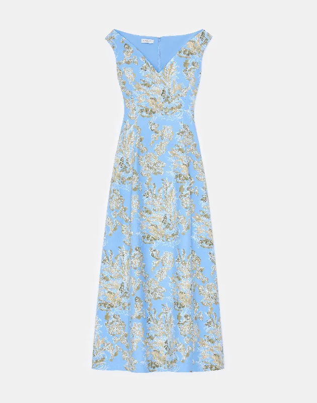 Affordable Women's Clothing Online Floral Frost Print Viscose Portrait Neckline Tulip Dress