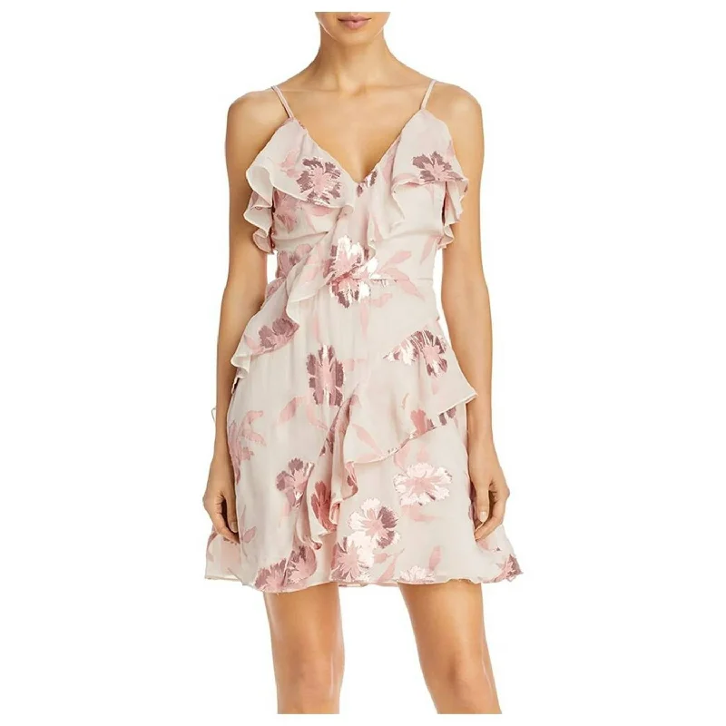 Vintage Women's Fashion Fleur Floral Metallic Silk Dress In Rose Gold Pink