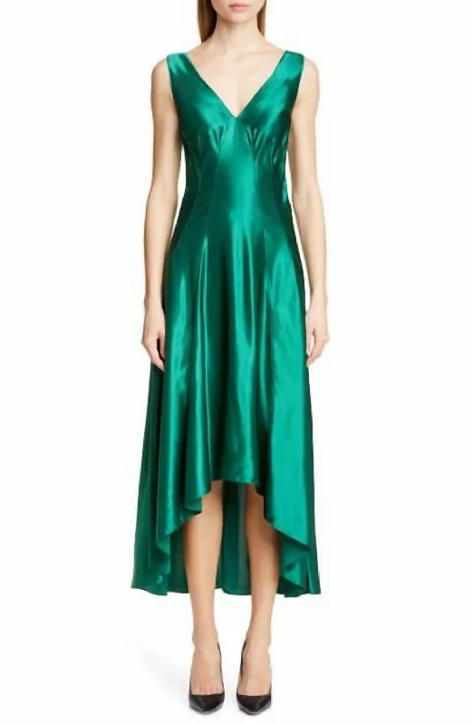 Versatile Wardrobe Essentials Satin High Low Fit Flare Cocktail Dress In Green