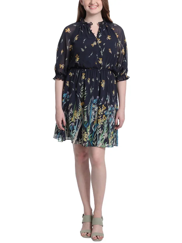 Trendy Women's Fashion Petites Womens Chiffon Floral Fit & Flare Dress