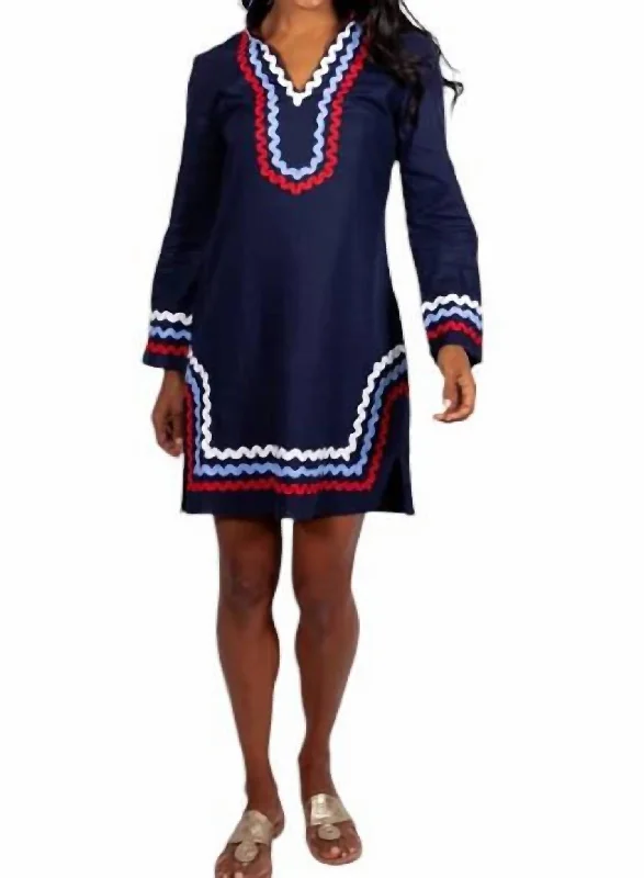 High End Fashion Long Sleeve Classic Tunic Dress In Red/white/blue