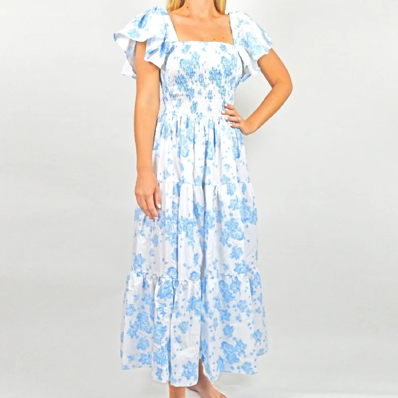 Hurry Before It's Gone Smocked House Dress In Blue Floral
