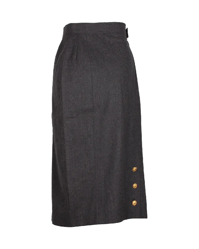 Casual Chic Great Deals On Ethnic Cultural Wear Chanel Gold Button Midi Skirt in Grey Wool